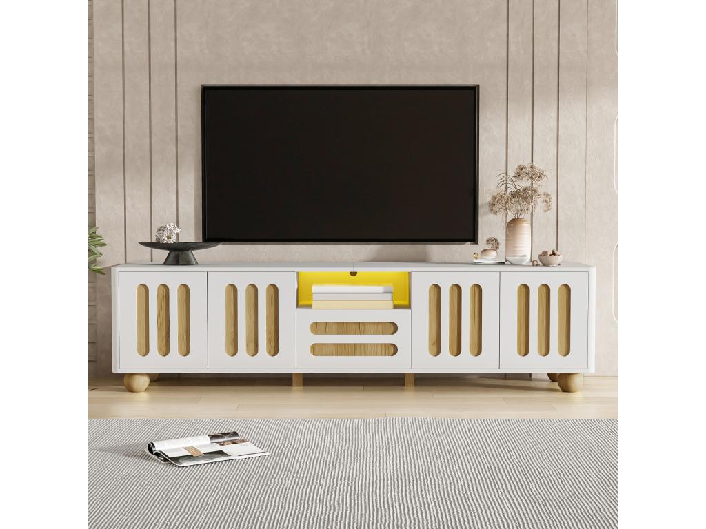 Modern TV stand with 4 doors and 1 drawer - 180x40x47 cm - LEDs - MDF Particleboard - White and wood FXMD17773