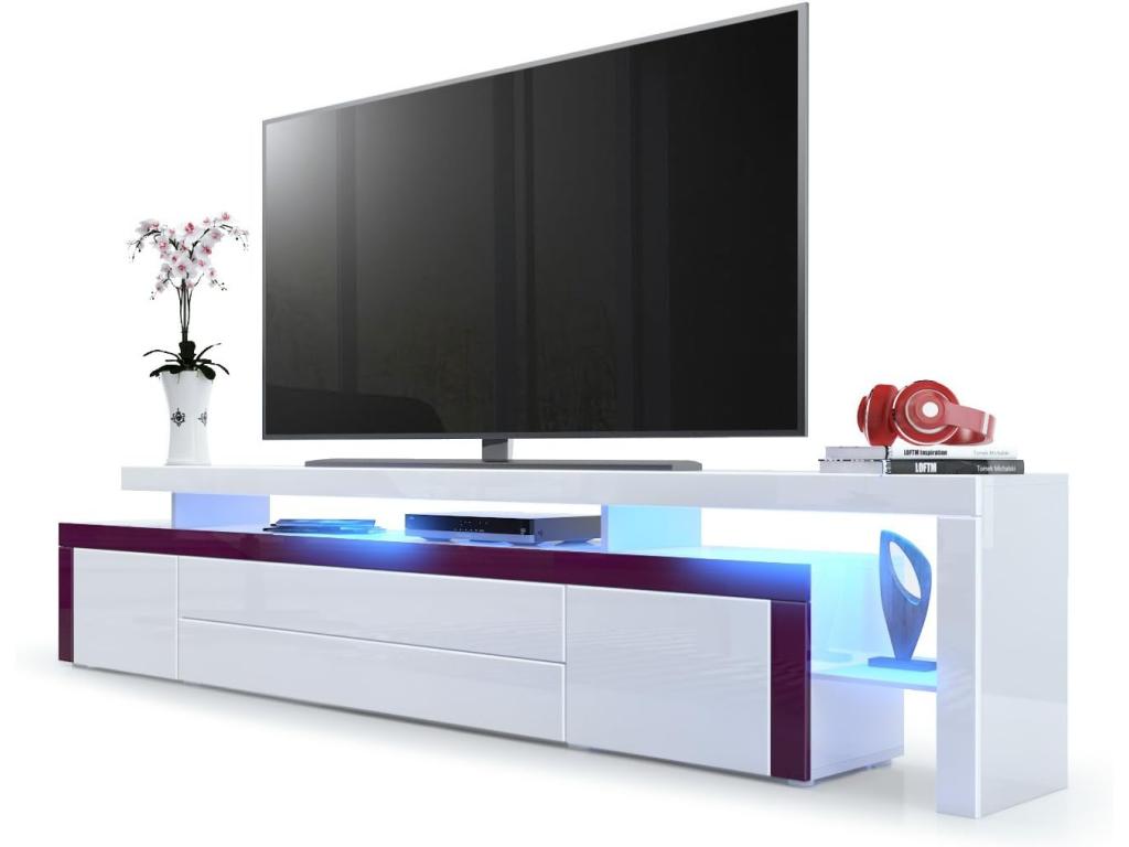 High Gloss White TV Stand with Blackberry Trim and RGB LED Lighting, WxHxD 227x52x35 cm, IDVQ01447