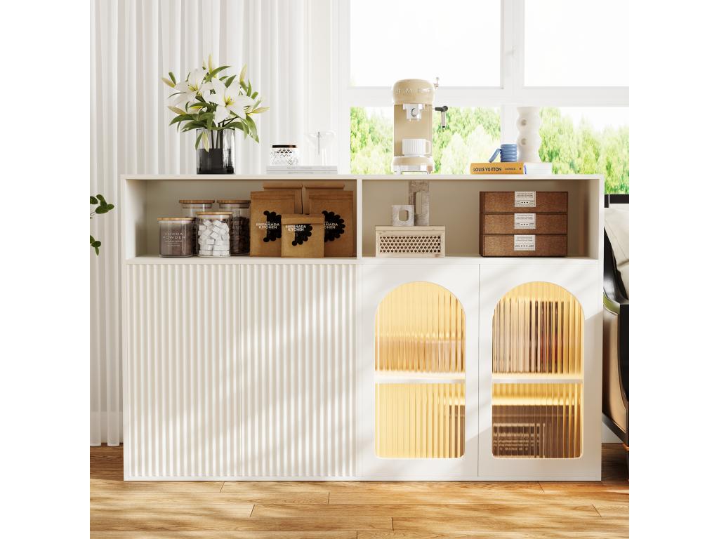 Sideboard with 2 glass doors, 2 magnetic doors, and 2 shelves - LEDs - 140x35x90 cm - MDF wood - for living room/kitchen - White LGMV60147