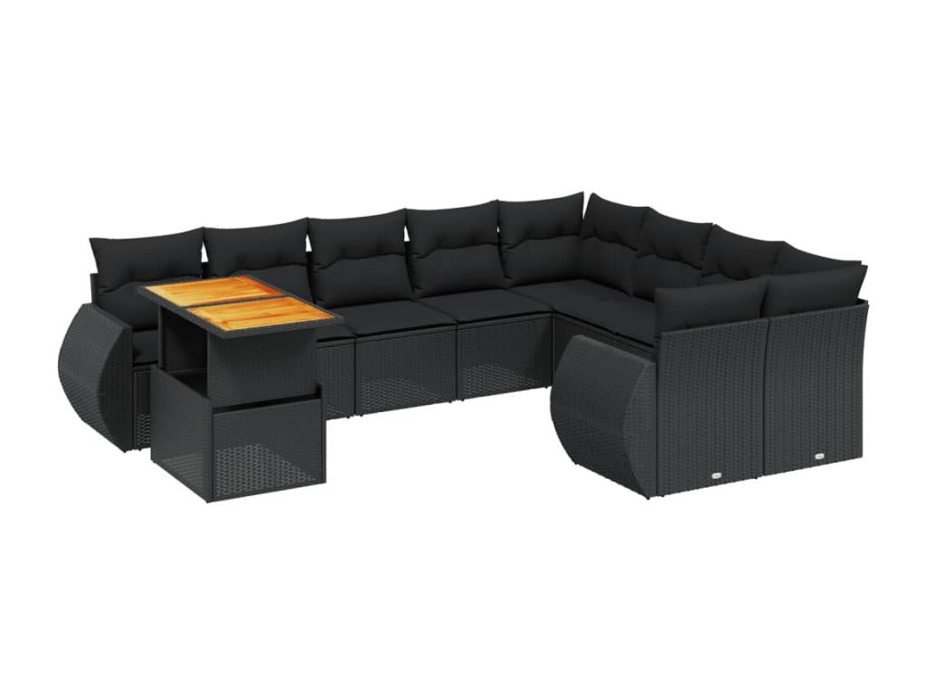10-piece garden furniture set with cushions, black resin wicker KQBN51811