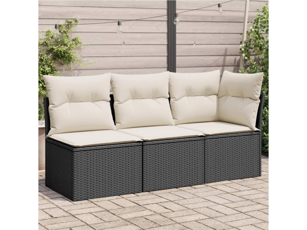 Garden sofa with cushions, 3-seater, black woven resin, FSRT85683