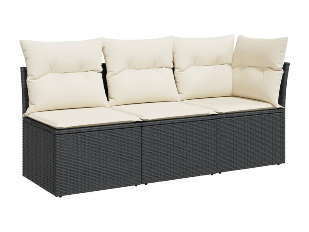 Garden sofa with cushions, 3-seater, black woven resin, FSRT85683