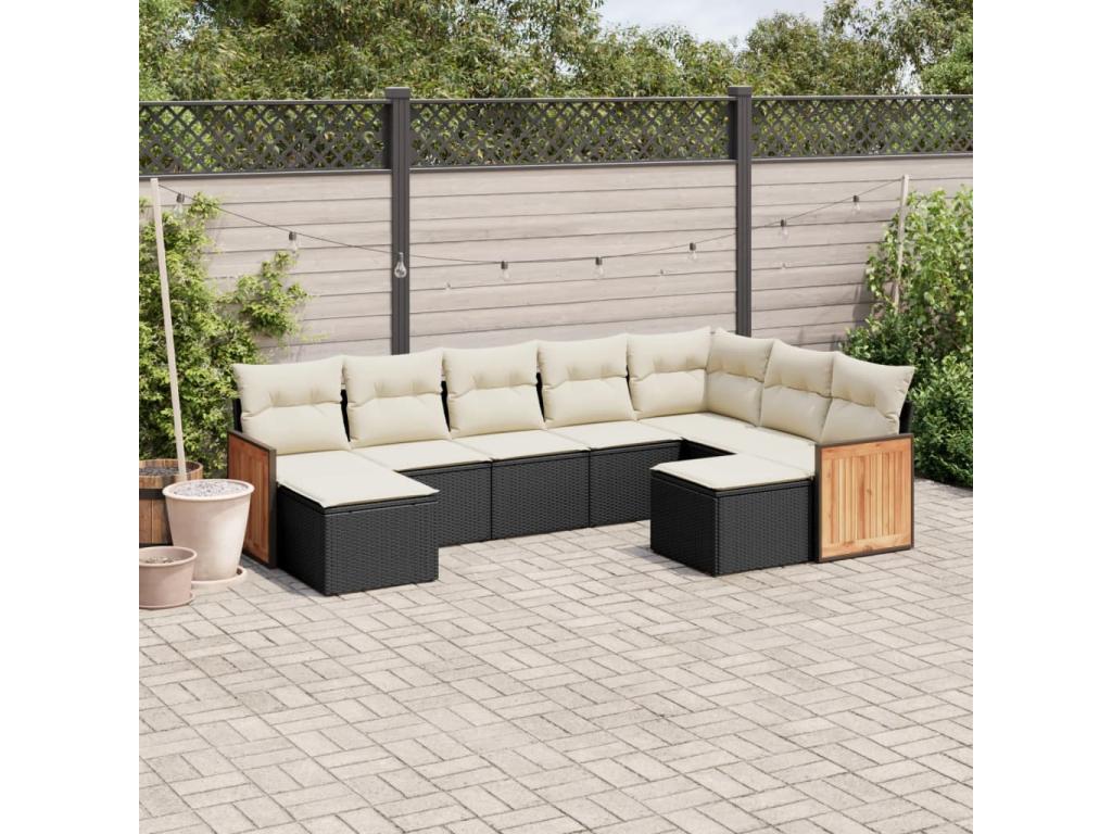 9-piece garden furniture set with cushions, black woven resin SHLH01561
