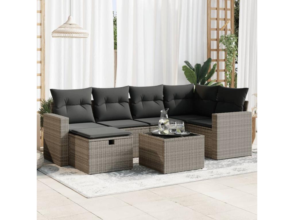Garden furniture set with cushions, 7 pieces, grey woven resin, FARI34746