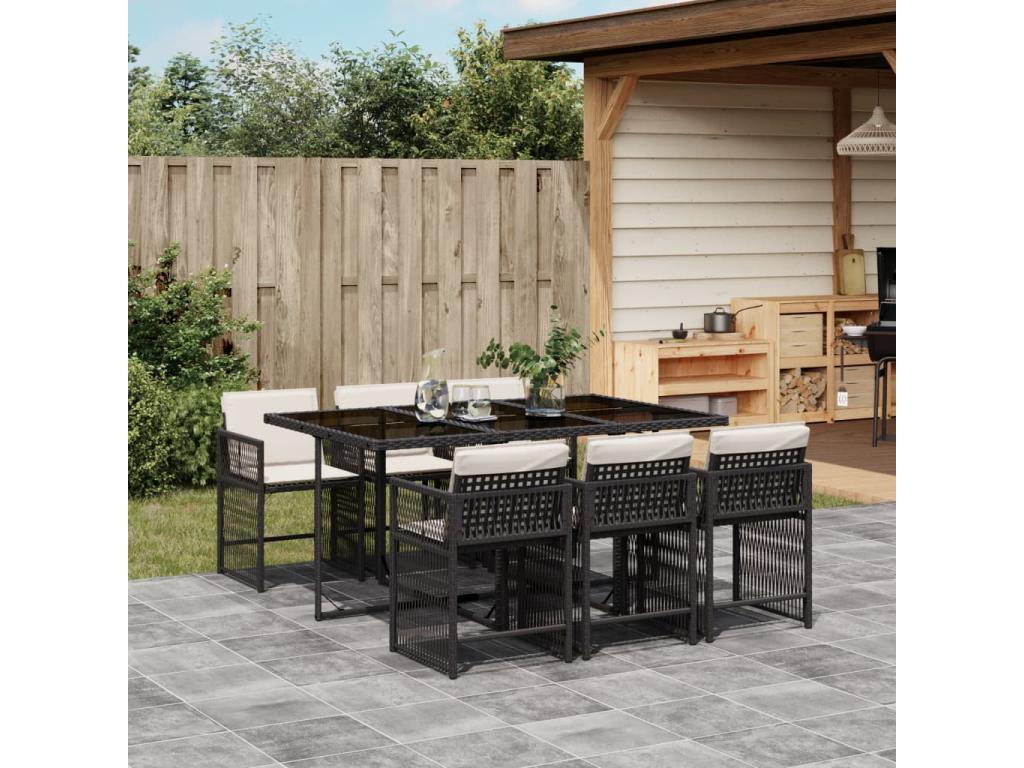 7-Piece Garden Dining Set with Cushions, Black Wicker Resin EHAT86657