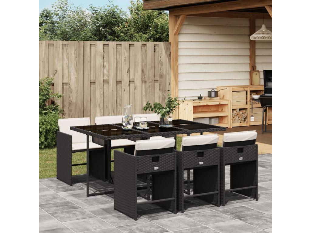 7-Piece Garden Dining Set with Cushions, Black Wicker Resin XMFR47503