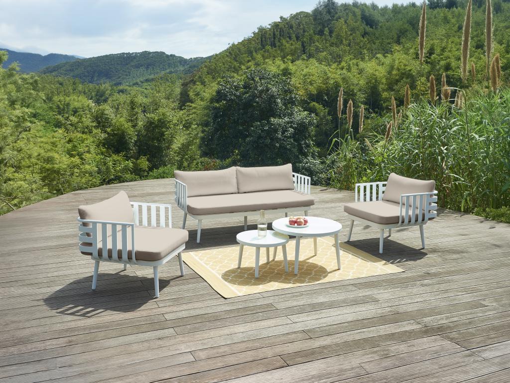 Aluminium garden furniture set with 2-seater sofa, 2 armchairs and 2 coffee tables - White - Boisona JSEW91622