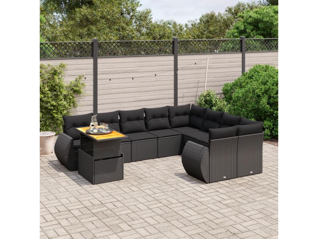 10-piece garden furniture set with cushions, black resin wicker KQBN51811