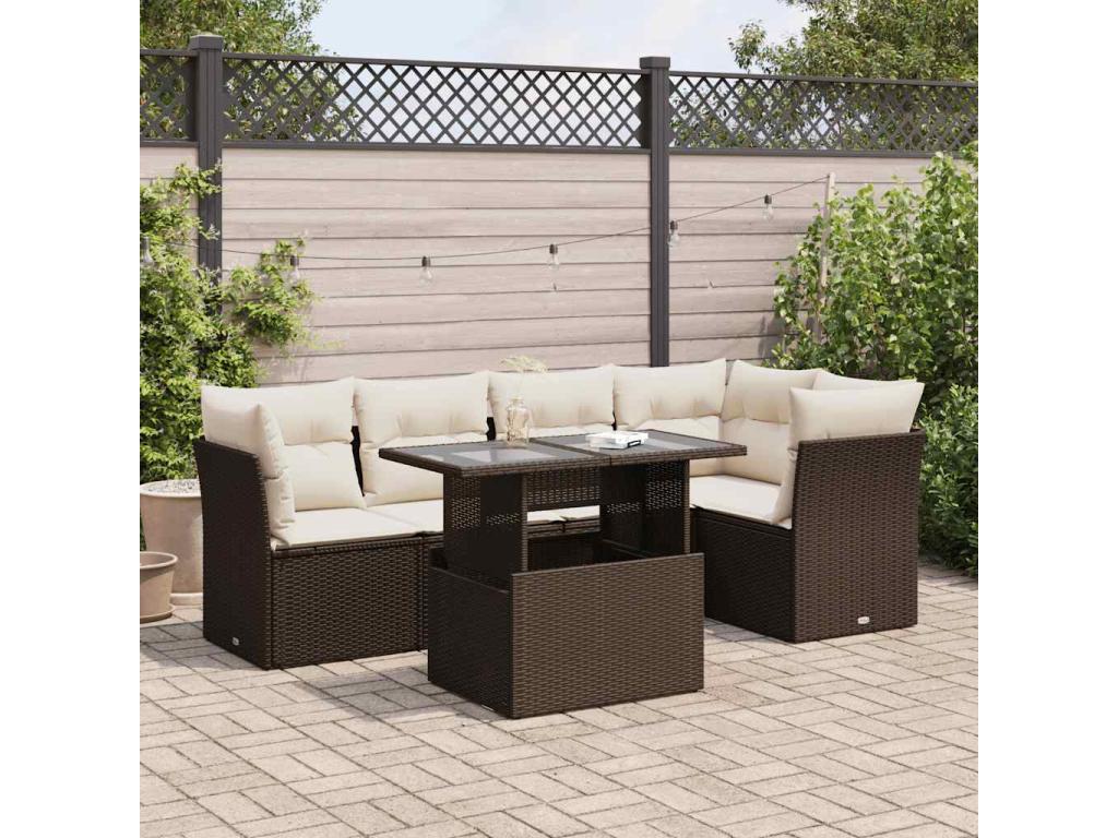 Garden furniture set with cushions, 6 pieces, brown woven resin, FNEA11058