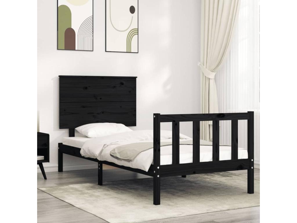 Bed frame with simple black headboard, solid wood MQKC37448