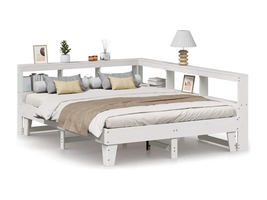 White bookcase bed without mattress, 150x200 cm, solid pine wood, QDRM19915