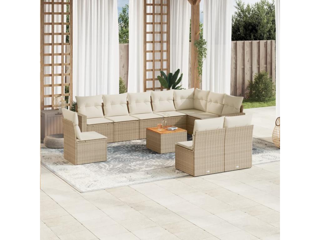 11-piece garden furniture set with beige cushions, woven resin APWM27091