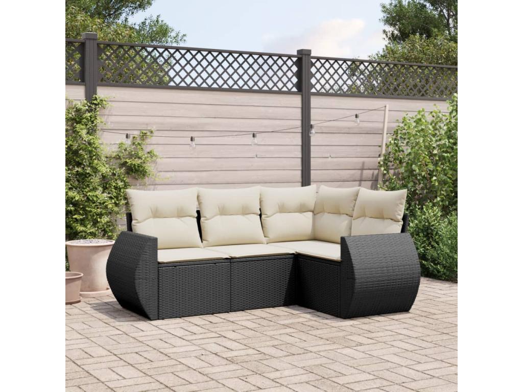 4-piece garden furniture set with cushions, black woven resin CFRS23166