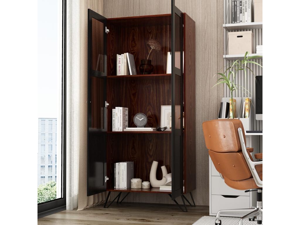 Glass Display Cabinet with Metal Handles and Feet, Standing Storage Unit with 3 Shelves, Living Room, 80x40x180cm, Black/Brown, RBNN50254