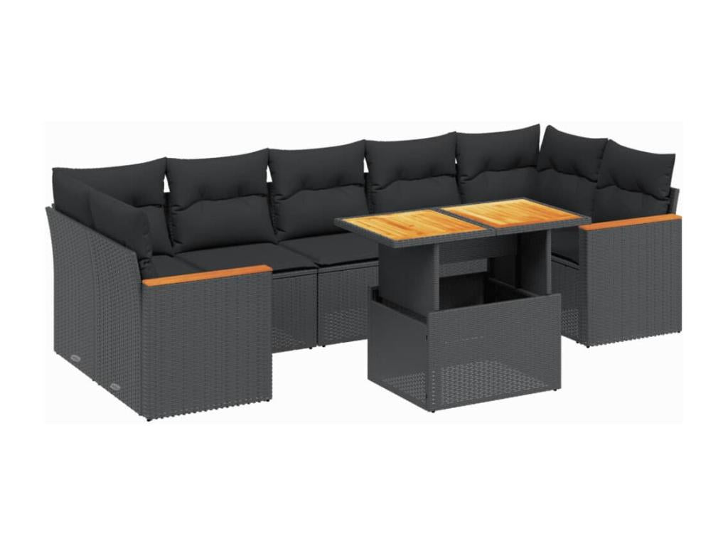 8-piece garden furniture set with cushions, black woven resin OEKE45845