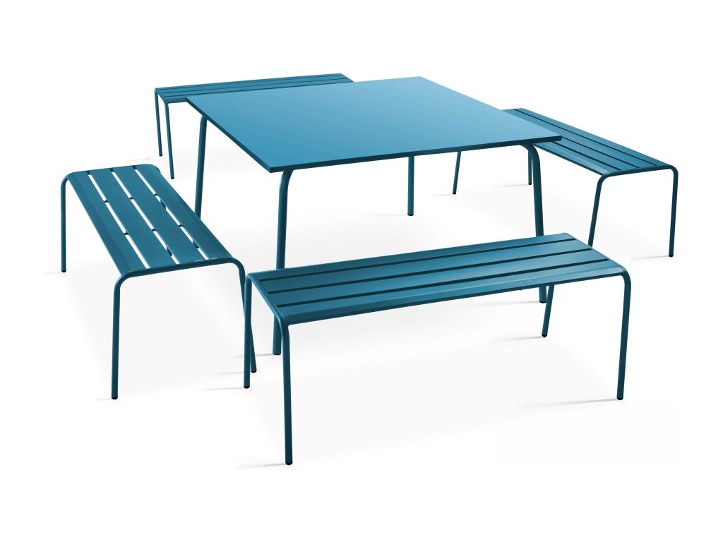 Boisona YLJR98271 Square Garden Table and 4 Benches in Blue Metal