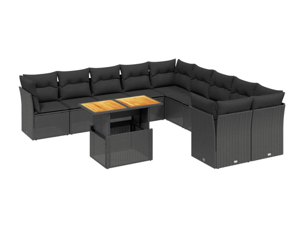 11-piece garden furniture set with cushions, black woven resin ZRQZ67679