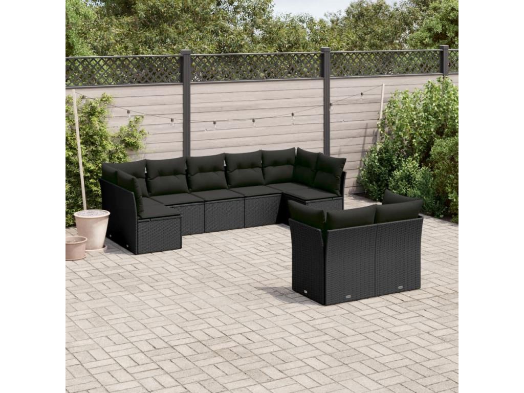 9-piece garden furniture set with cushions, black woven resin YFVQ69731
