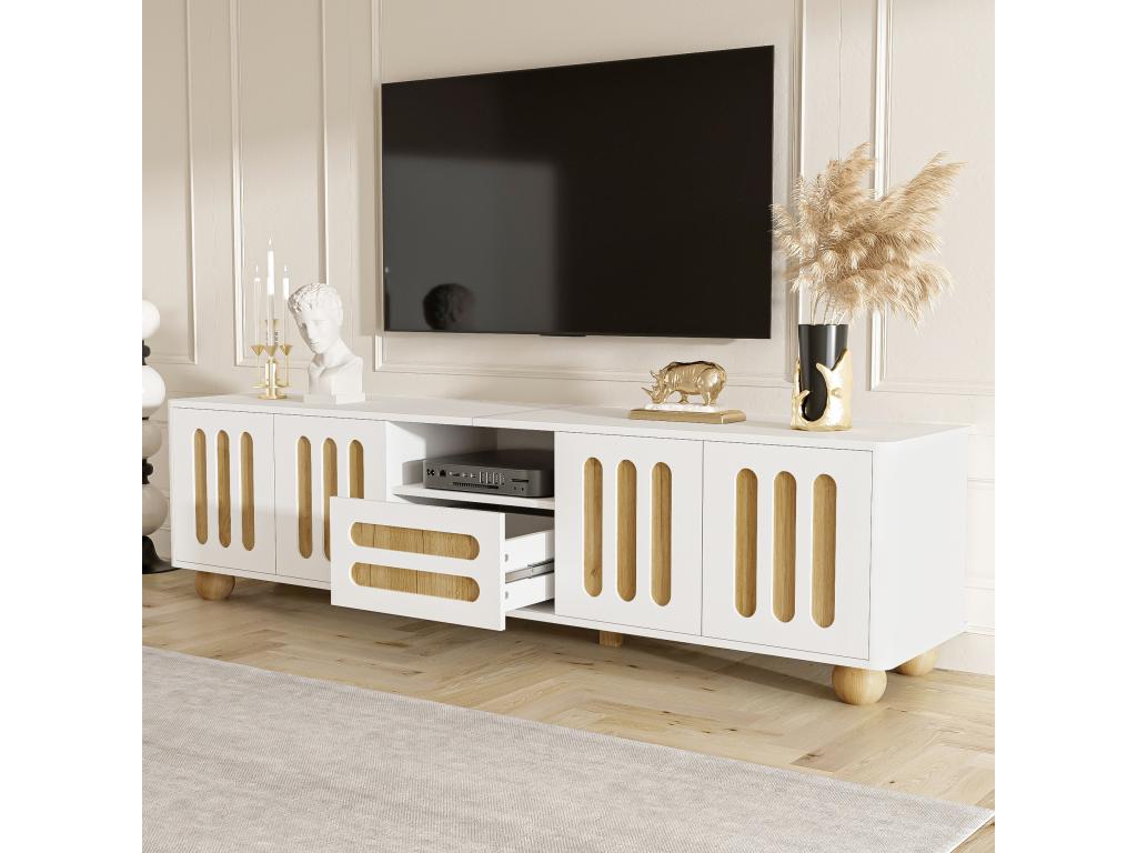 Modern TV stand with 4 doors and 1 drawer - 180x40x47 cm - LEDs - MDF Particleboard - White and wood FXMD17773