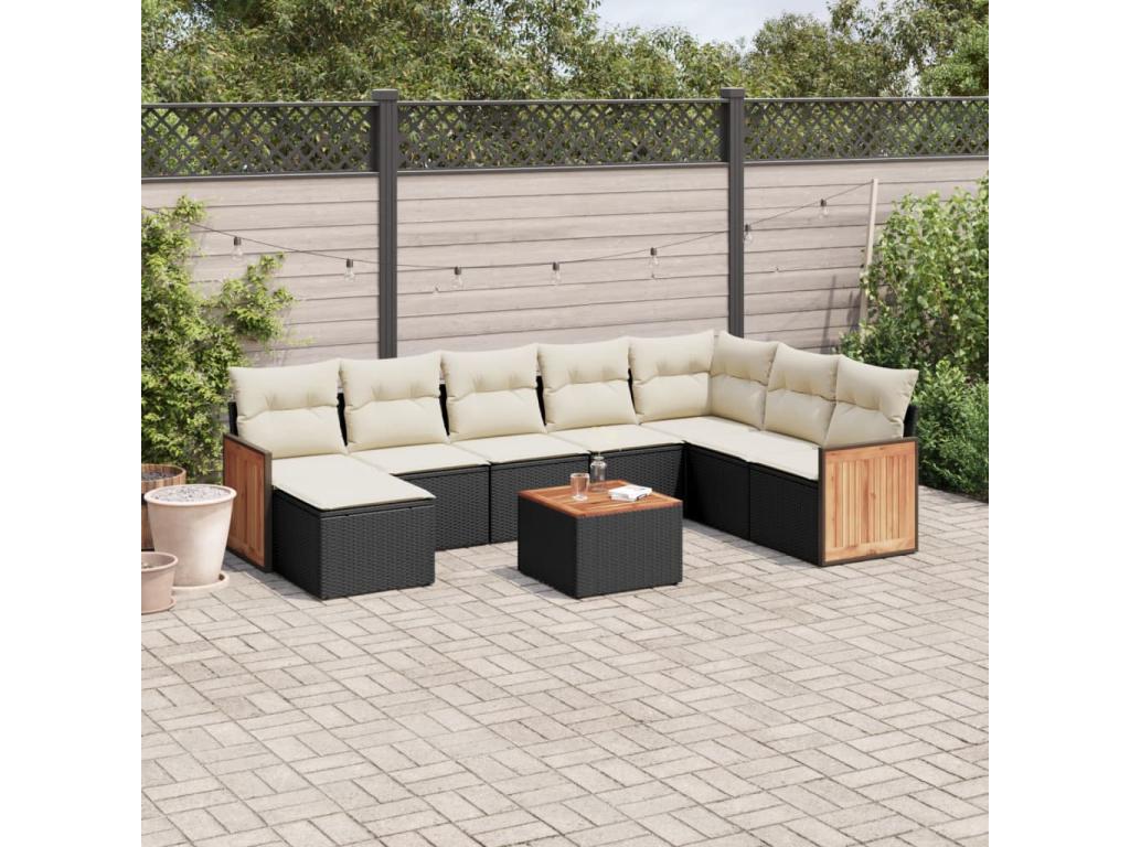 9-piece garden furniture set with cushions, black woven resin BBCQ04971