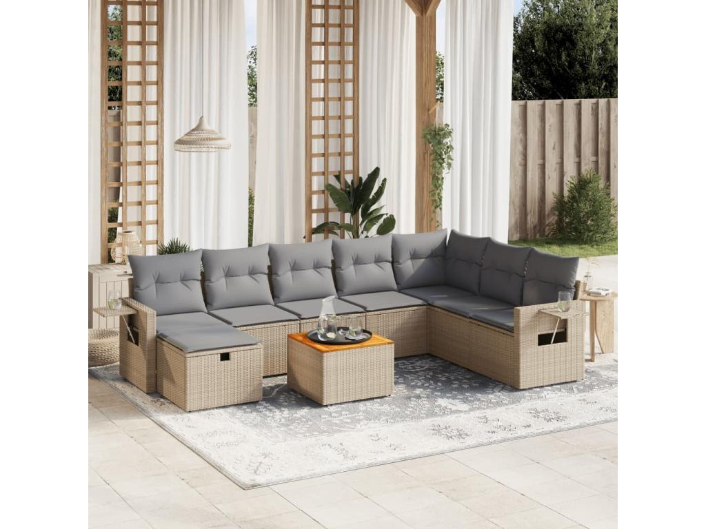 Boisona 9-piece garden furniture set with cushions, beige woven resin, NJGS91677
