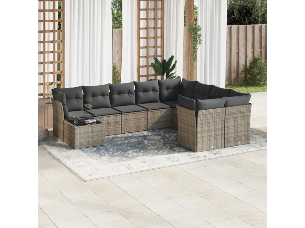 10-piece garden furniture set with cushions, grey woven resin FRAS23331