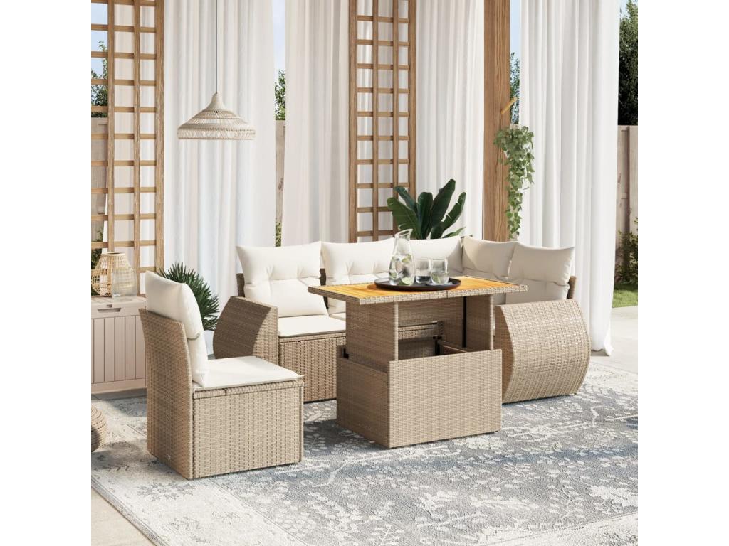 Garden furniture set with cushions, 6 pieces, beige woven resin, JHRX65862