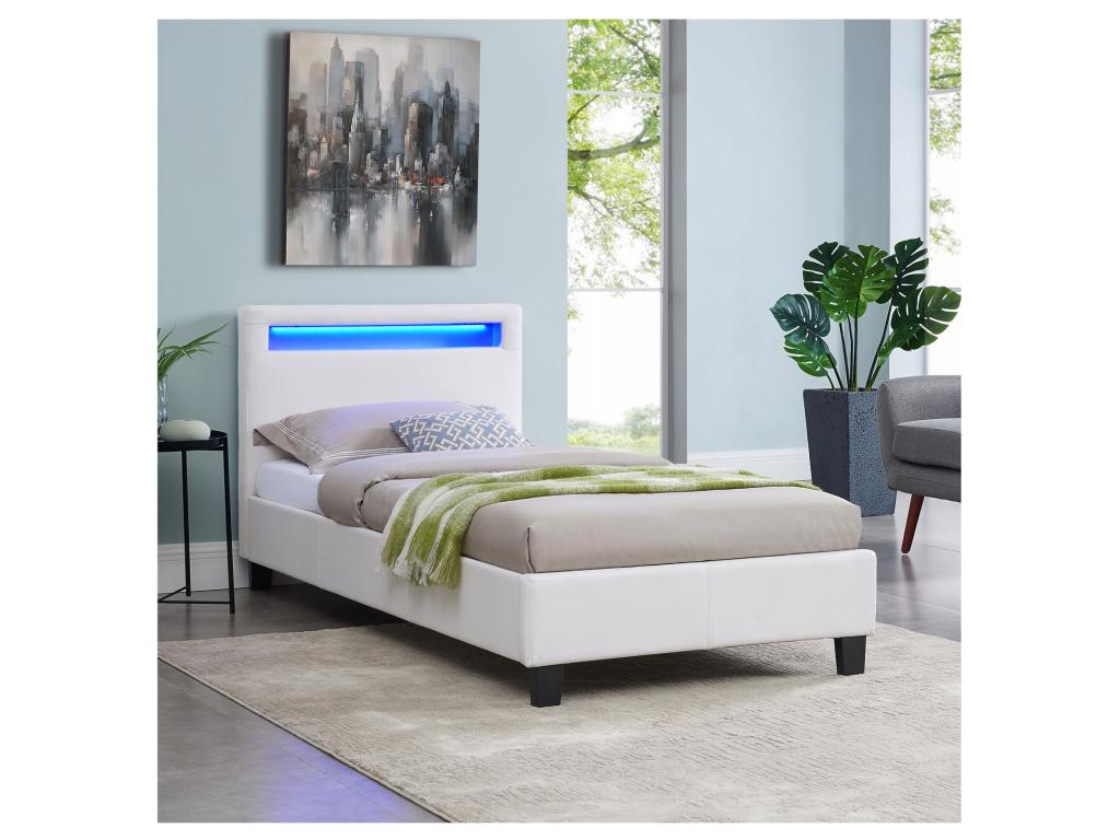 LUCENO SMMW40262 Single LED Bed 90x190 cm with Slatted Base, Comfortable Headboard, White Synthetic Upholstery