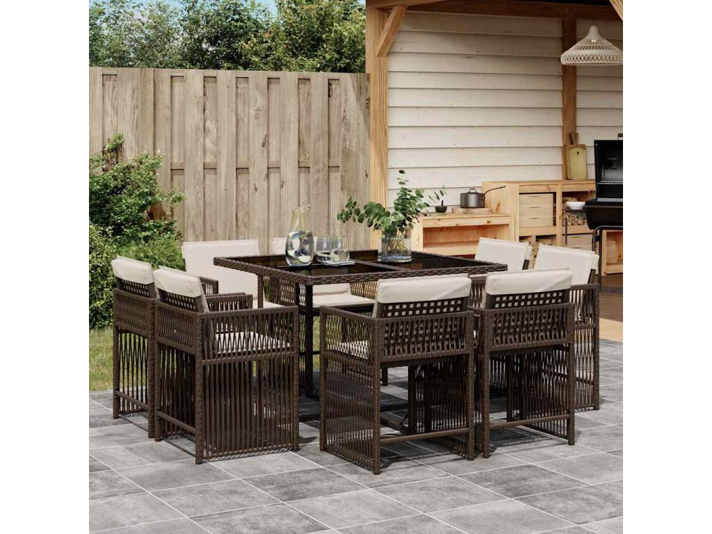 9-piece brown poly rattan garden dining set and cushions PRMY55806