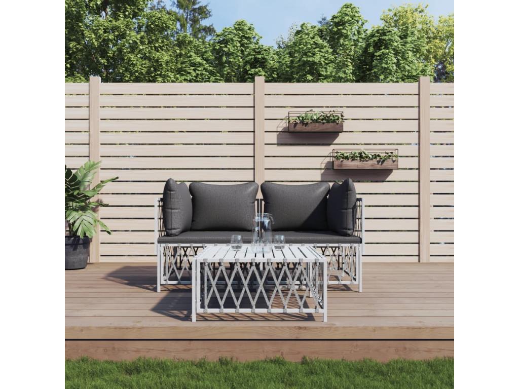 3-piece garden furniture set with cushions, white steel BVMB07678