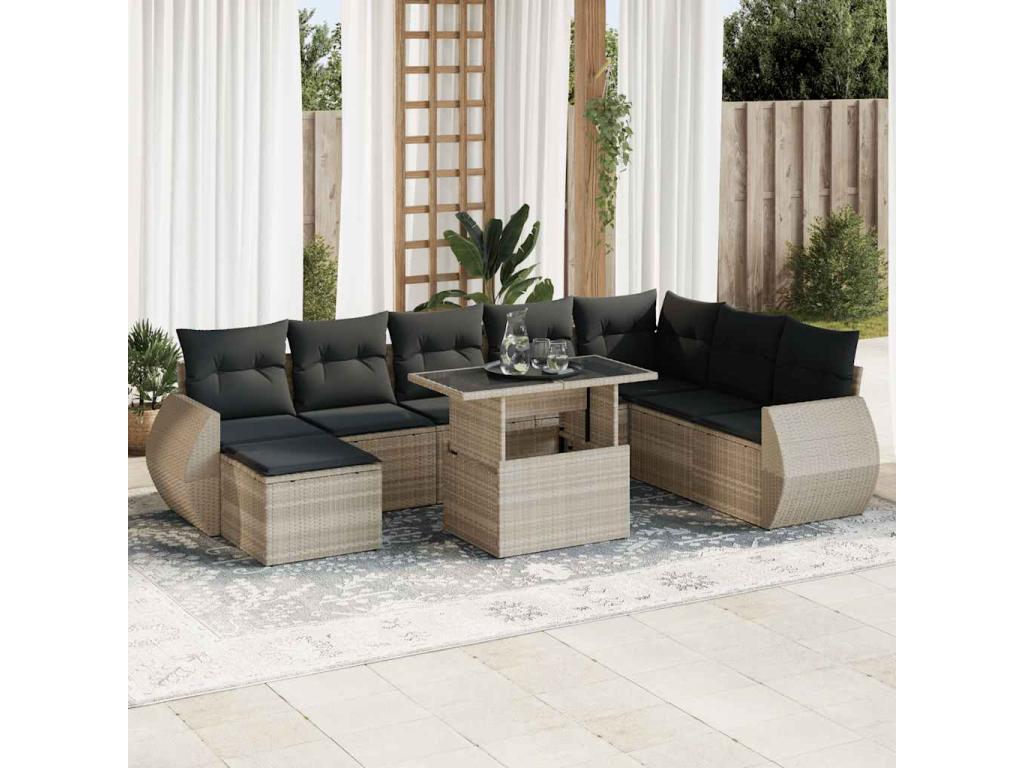 9-piece garden furniture set with light grey cushions, woven resin DDCP08763