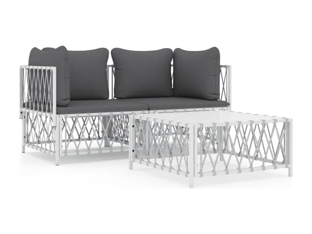 3-piece garden furniture set with cushions, white steel BVMB07678