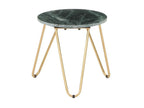Boisona side table with green marble effect and gold metal legs, 40cm diameter, GKRN57124