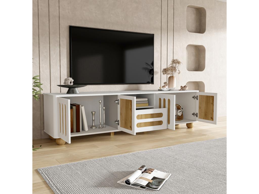 Modern TV stand with 4 doors and 1 drawer - 180x40x47 cm - LEDs - MDF Particleboard - White and wood FXMD17773