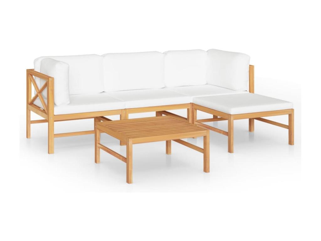 5-piece garden furniture set with cream cushions, solid teak wood, 3 YAAK85478