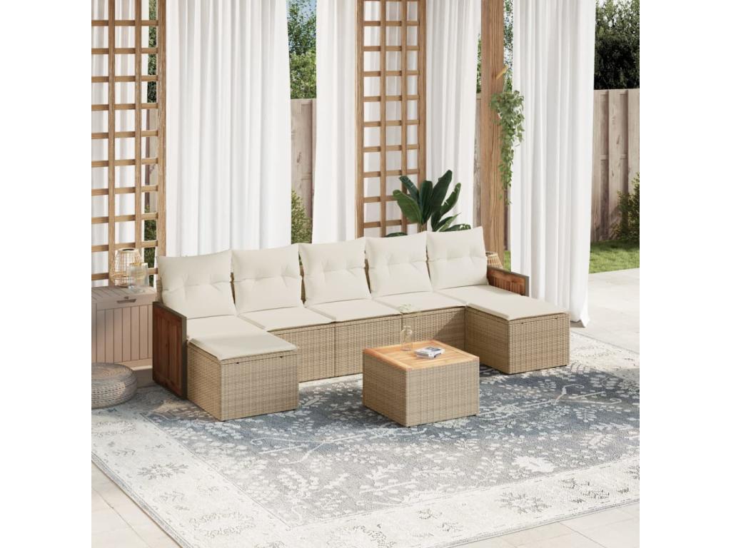 Garden furniture set with cushions, 8 pieces, beige woven resin, ABEP04895