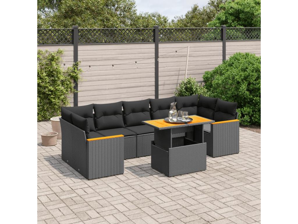 8-piece garden furniture set with cushions, black woven resin OEKE45845