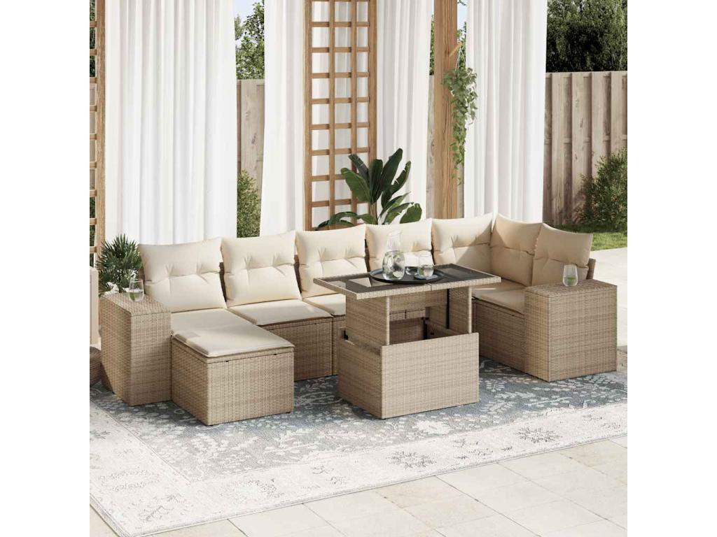 8-piece garden furniture set with cushions, beige woven resin HBLH95658