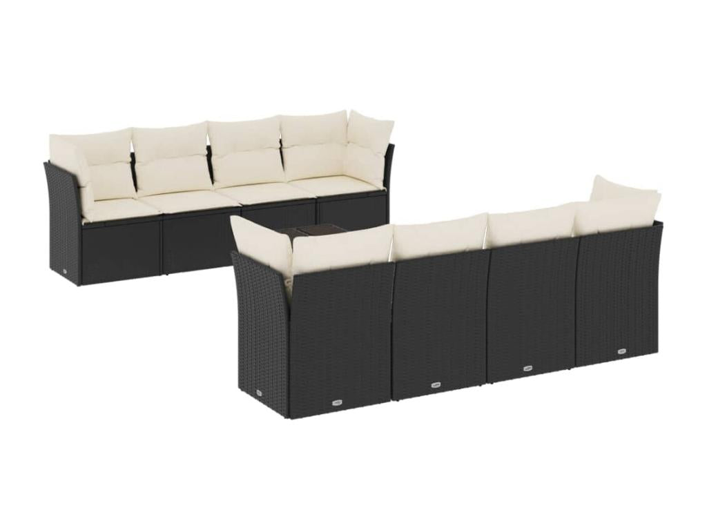 9-piece garden furniture set with cushions, black woven resin EYSD51522
