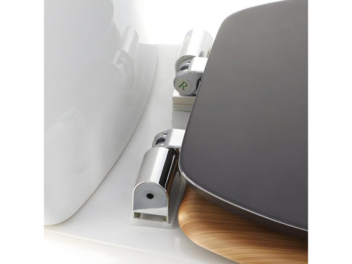 Wooden toilet seat with soft-close mechanism and Boisona decorative fixing bracket TVWY90047