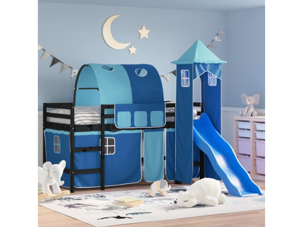 Children's loft bed with blue tower, 90x190 cm, solid pine wood, DKGM39941