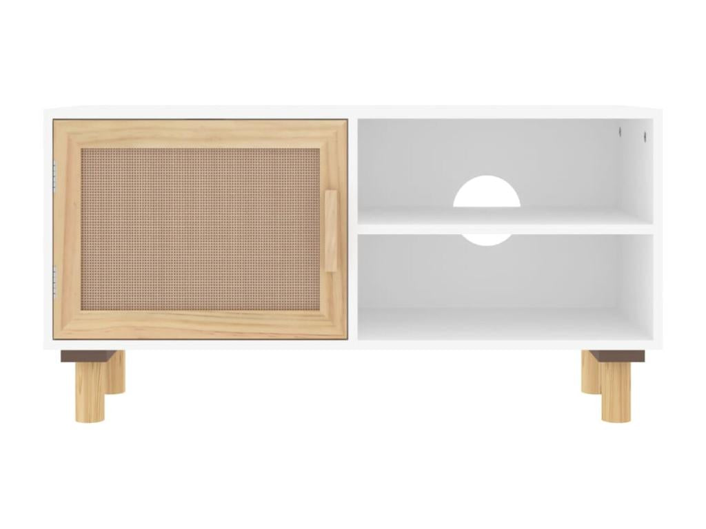 White TV stand 80x30x40 cm Solid pine wood and natural rattan QBGY08773