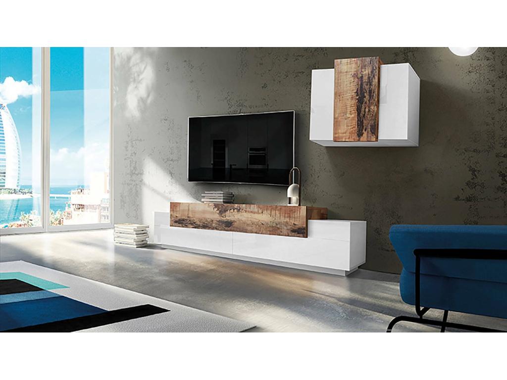 Boisona wall system, living room set, TV unit, versatile living room furniture, Made in Italy, 240x45x180 cm, glossy white and maple, CPFB51993