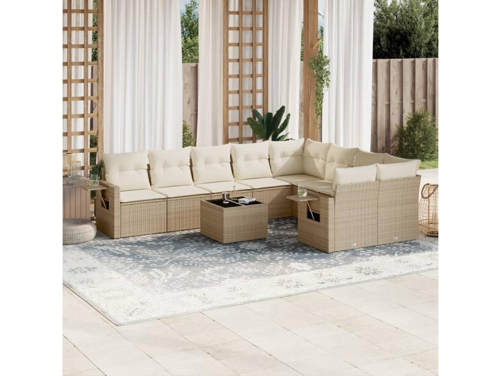 10-piece garden furniture set with cushions, beige woven resin JRWN38610