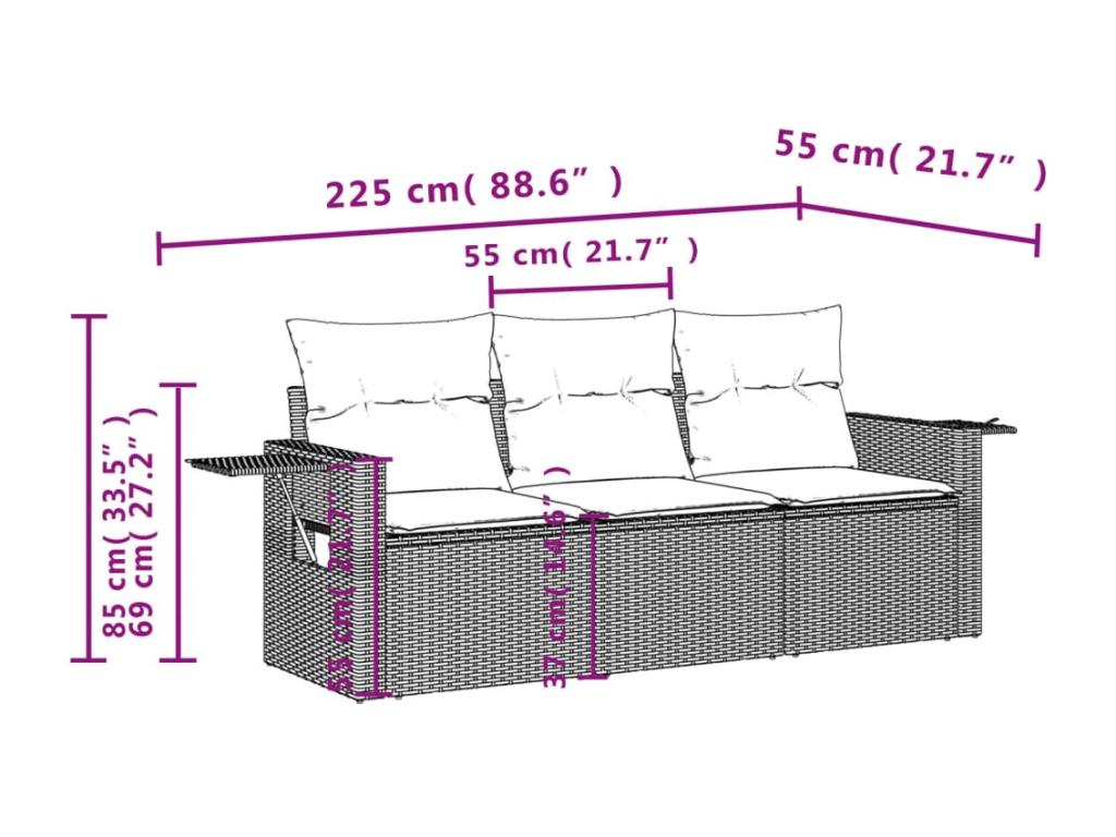 3-piece garden furniture set with cushions, black woven resin HMED70713