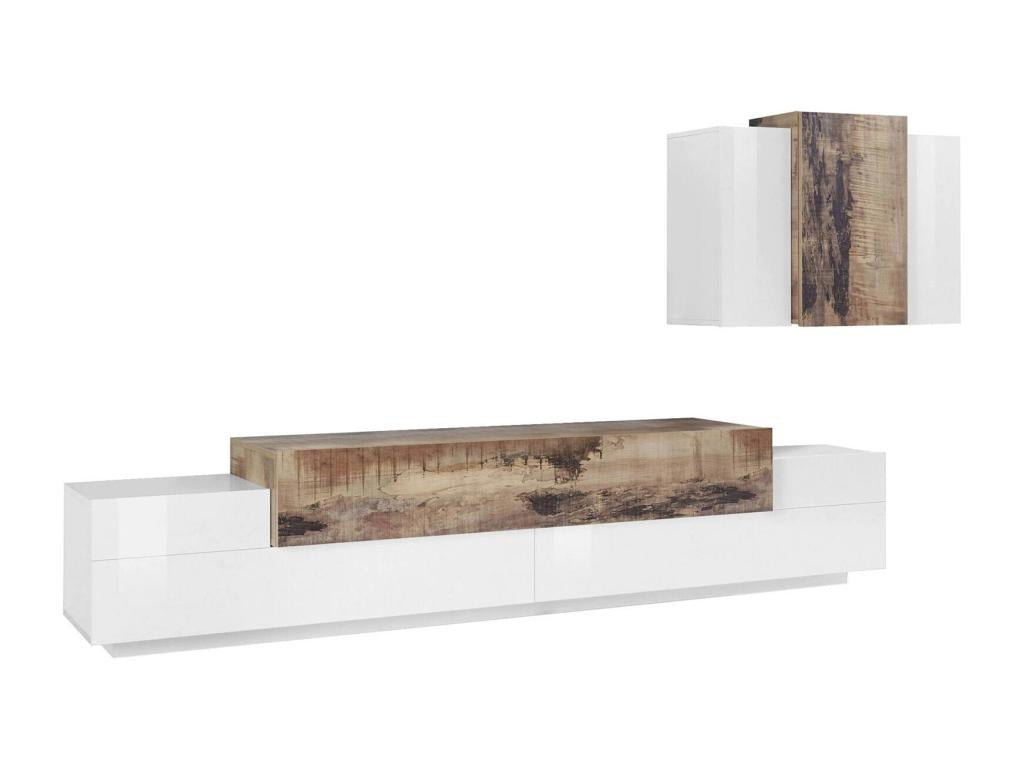 Boisona wall system, living room set, TV unit, versatile living room furniture, Made in Italy, 240x45x180 cm, glossy white and maple, CPFB51993