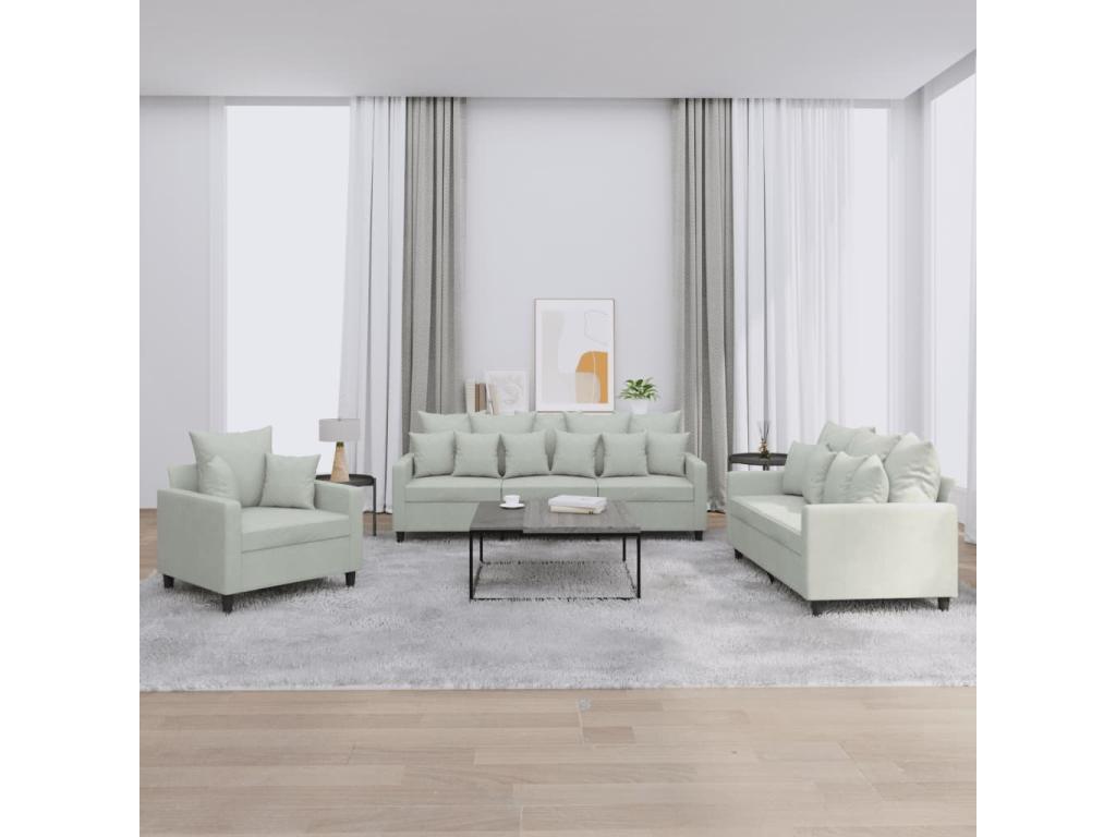 3-piece sofa set with cushions, light grey velvet YQLJ69526
