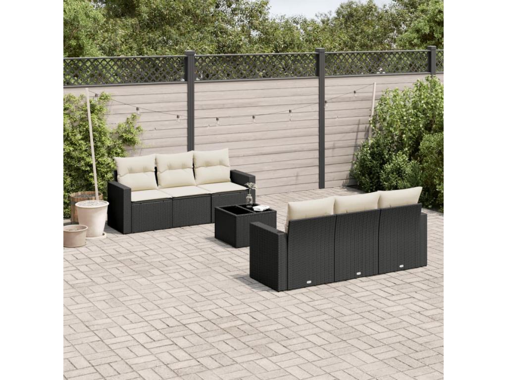7-piece garden furniture set with cushions, black woven resin EEPX43190