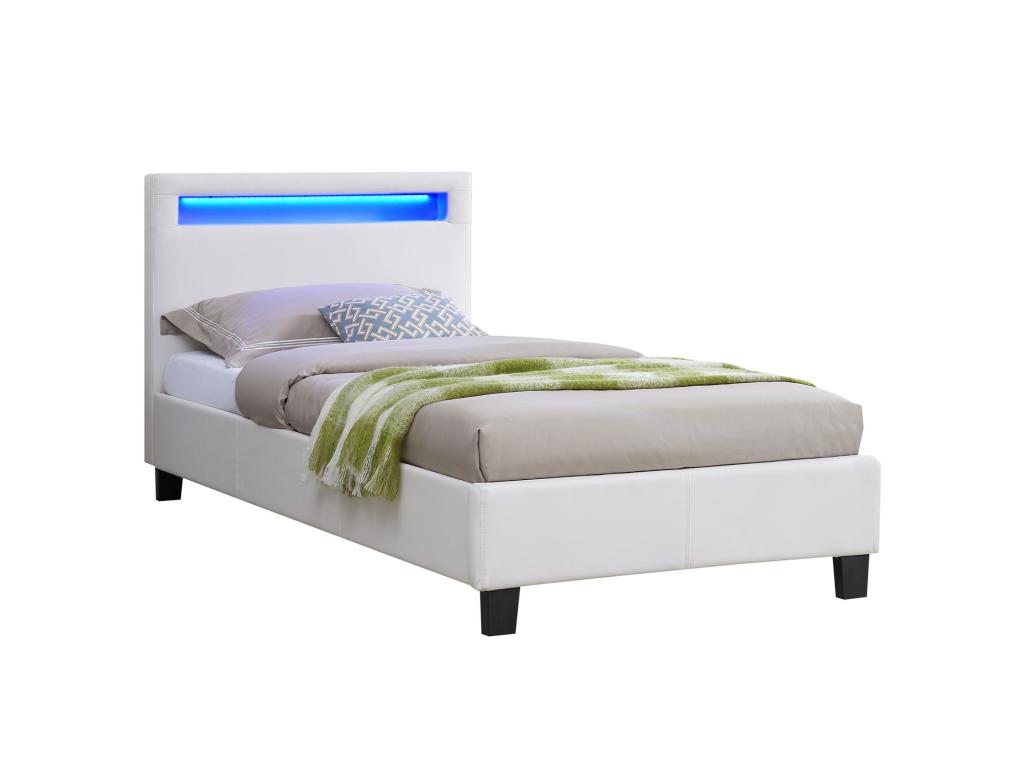 LUCENO SMMW40262 Single LED Bed 90x190 cm with Slatted Base, Comfortable Headboard, White Synthetic Upholstery