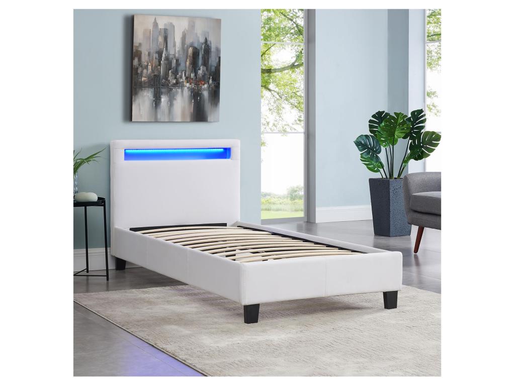 LUCENO SMMW40262 Single LED Bed 90x190 cm with Slatted Base, Comfortable Headboard, White Synthetic Upholstery